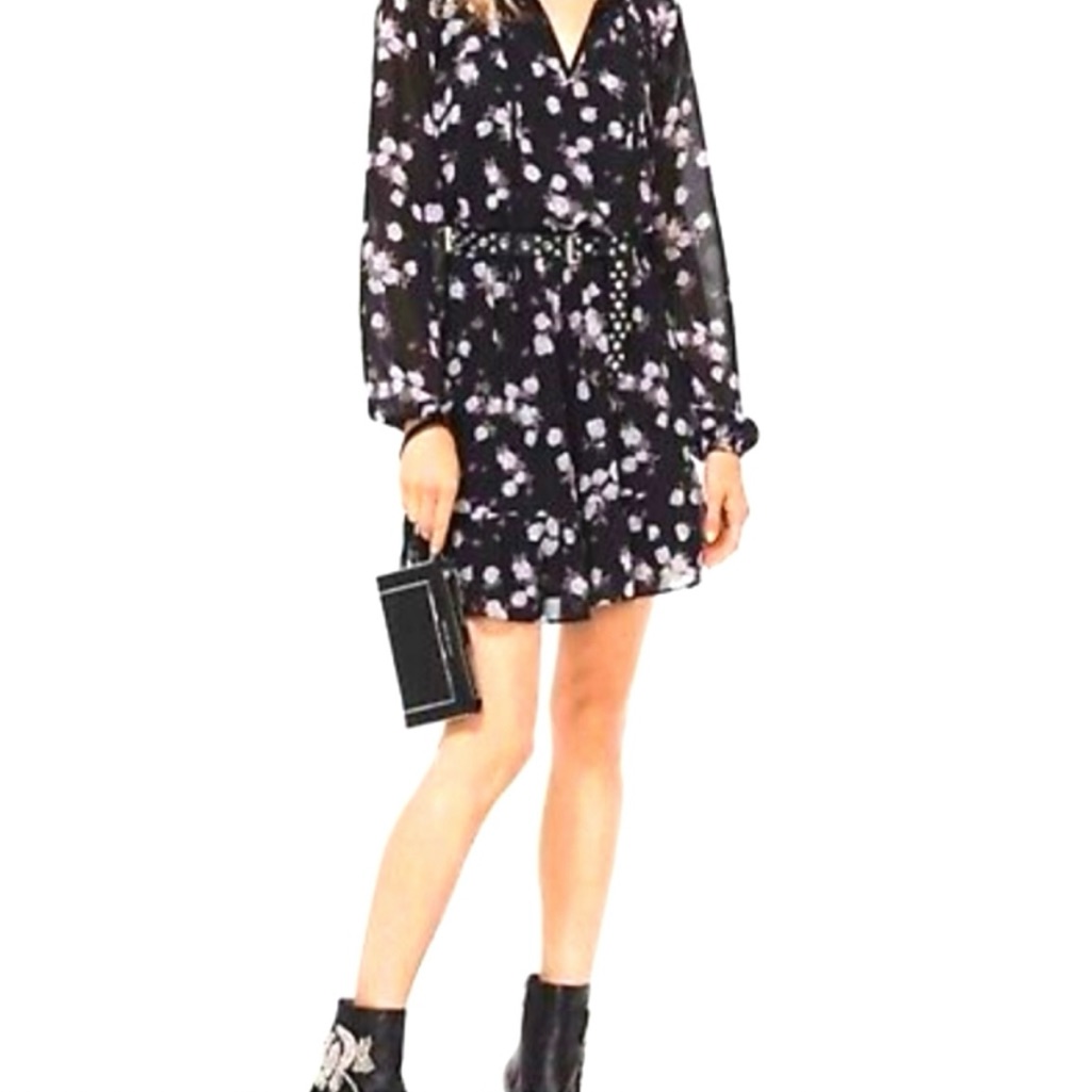 Michael Kors Rose Print Georgette Tie-Neck Floral Dress In Black, Grey & White